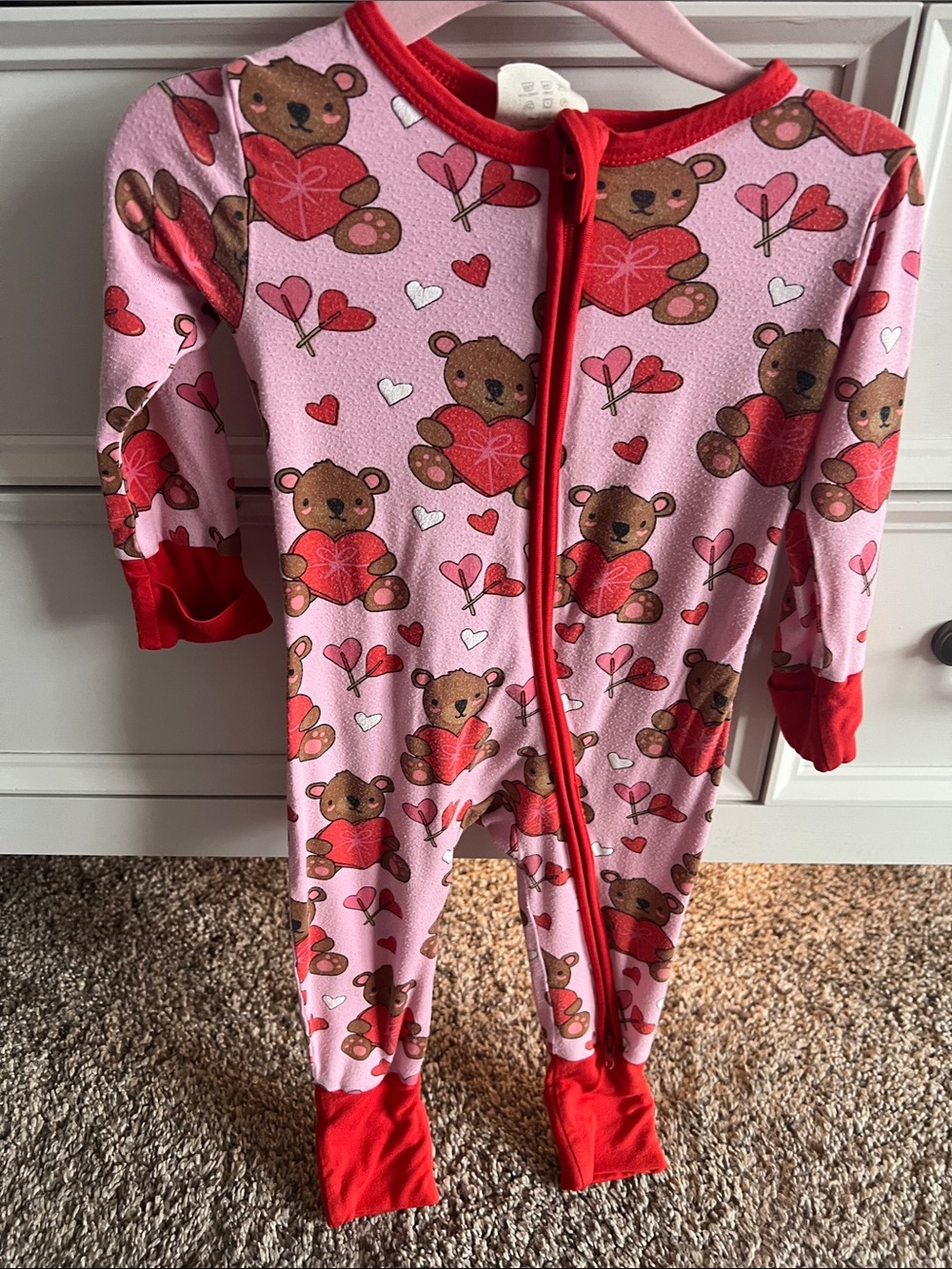 Pink Teddy Bear Heart-Print Footed Pajamas with Red Trim